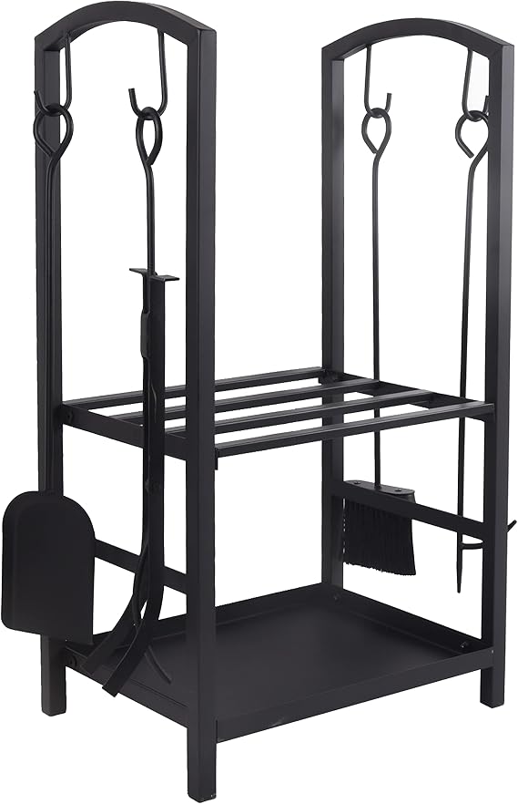 Doppy Firewood Rack Indoor 4 Piece Set, Firewood Rack, Outdoor Log Holder Rack with Fireplace Tools set,Fire Log Holder Wrought Iron Large Wood Stove with Hook, Broom, Shovel, Pliers, Black