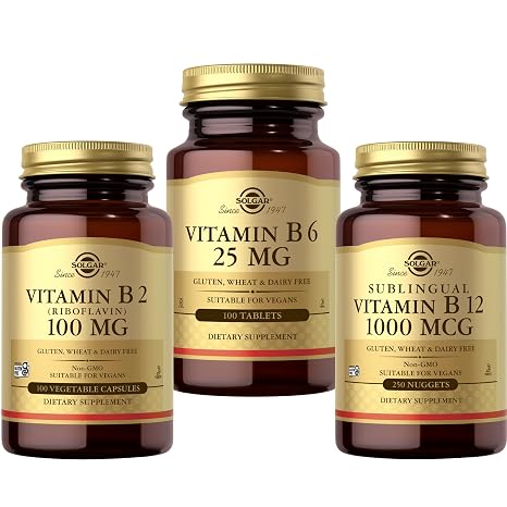 SOLGAR Vitamin B Bundle: B6 25 mg, 100 Tablets + Sublingual B12 1000 mcg Nuggets, 250 Count + B2 (Riboflavin) 100mg, 100 Vegetable Capsules
