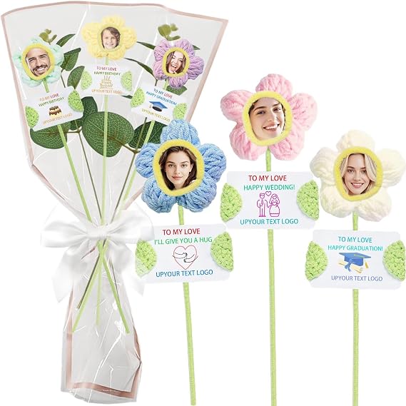 Personalized Crochet Bouquet,Custom Crochet Flowers with Photo for Birthday Party Mother's Day Graduation Gifts(Include Card)