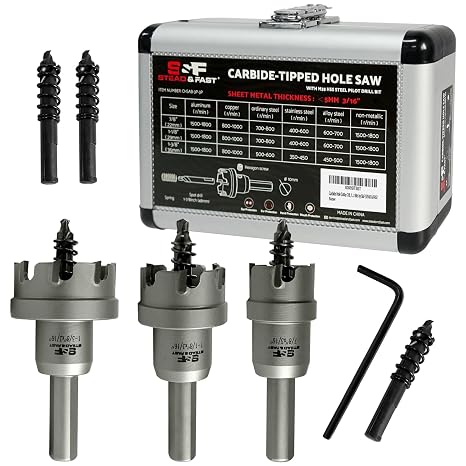 7/8, 1 1/8, 1 3/8 Metal Hole Saw for Stainless Steel, S&F STEAD & FAST Carbide Hole Saw Kit with 3 Extra Pilot Bits for Heavy Duty