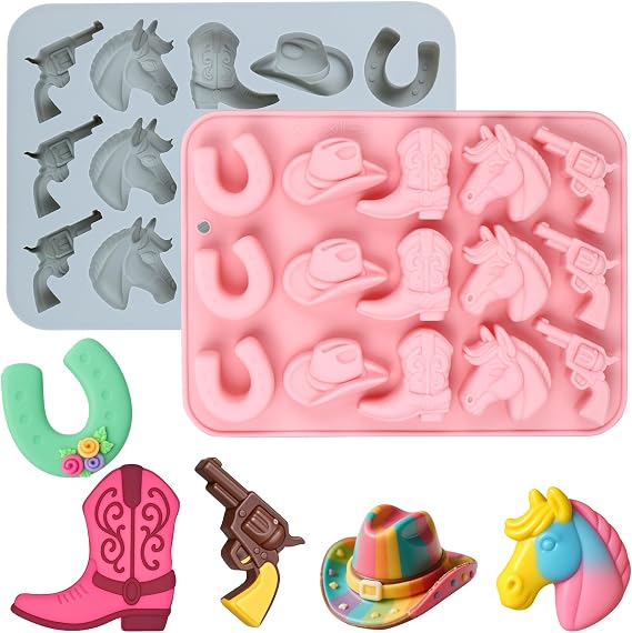 Palksky Cowboy Chocolate Molds, 2Pack Western Theme Silicone Mold Baking with Cowboy Horse Boots Hat Saddle Shapes, Candy Molds for Chocolate Gummy Cookies Fondant Candy Party Decor