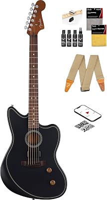 Fender Acoustasonic Standard Jazzmaster - Black Bundle with Strap, Guitar Cleaning Kit and Austin Bazaar Instructional Video