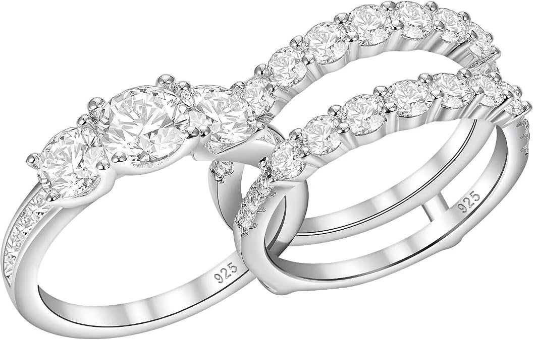 Wuziwen Vintage Three Stone Engagement Rings for Women Sterling Silver Wedding Bridal Sets Round Cut Band Ring Enhancer Cubic Zirconia