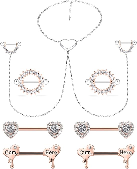Cisyozi 14G Nipple Rings Chain Nipple Piercing Jewelry Stainless Steel Nipple Tongue Ring Barbell Piercing Jewelry for Women 14mm Silver Rose Gold 9Pairs