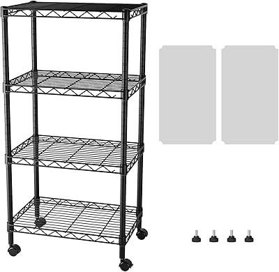 SINGAYE 4 Small Shelves Storage Shelf Wire Shelving Unit Metal Shelf Adjustable Organizers Storage Shelving with Wheels for Bathroom Laundry Room Kitchen Pantry11.5D x 17.5W x 30.5H Black