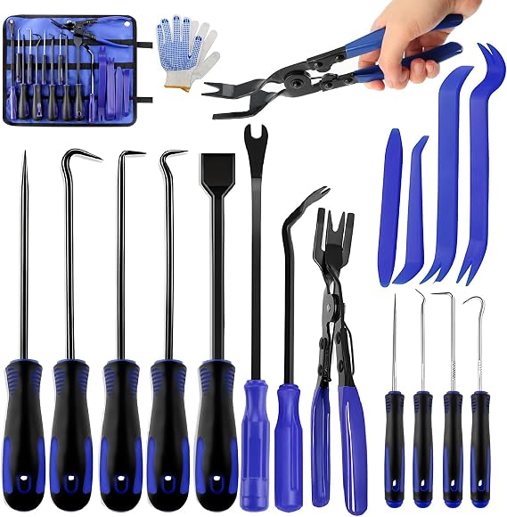 17 Pcs Auto Trim Removal Tool Kit, Pick Set Car Door Panel Clip Removal Tool Mechanic Hook and Pick Tool Set with Storage Bag & Gloves for Automotive Repair and Car Body Door Panel Fastener Removal