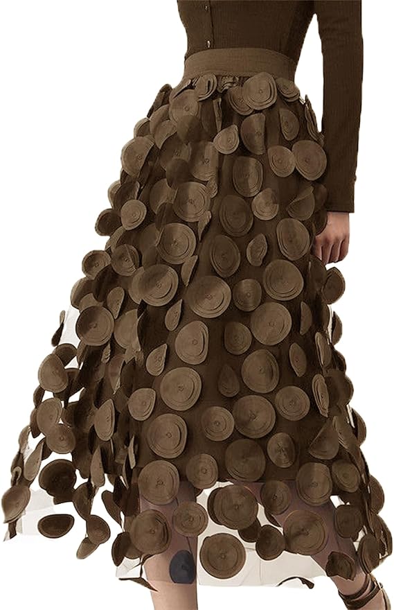Women Tulle Midi Skirt High Elastic Waist 3D Polka Dot Mesh Skirt A-Line Layered Bubble Skirt Graduation Dress