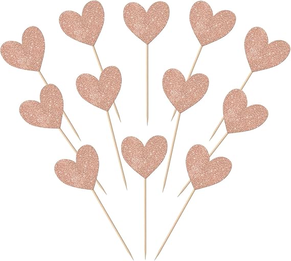 Pack of 40 Heart Cake Decorations Glitter Love Heart Valentine's Day Cake Decoration for Valentine's Day Theme Wedding Engagement Bridal Shower Birthday Party Cake Decorations Rose Gold