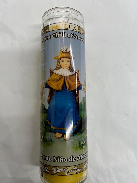 Brilux Saint Child of Atocha (Santo Nino de Atocha) Unscented Yellow Pillar Candle in Glass