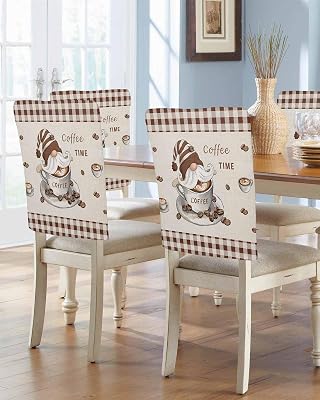 Coffee Gnomes Chair Covers Set of 6, Decorative Chair Back Cover, Farmhouse Brown Plaid Teacup Beans Dining Room Chair Slipcovers Removable Chair Protectors Covers for Party Banquet