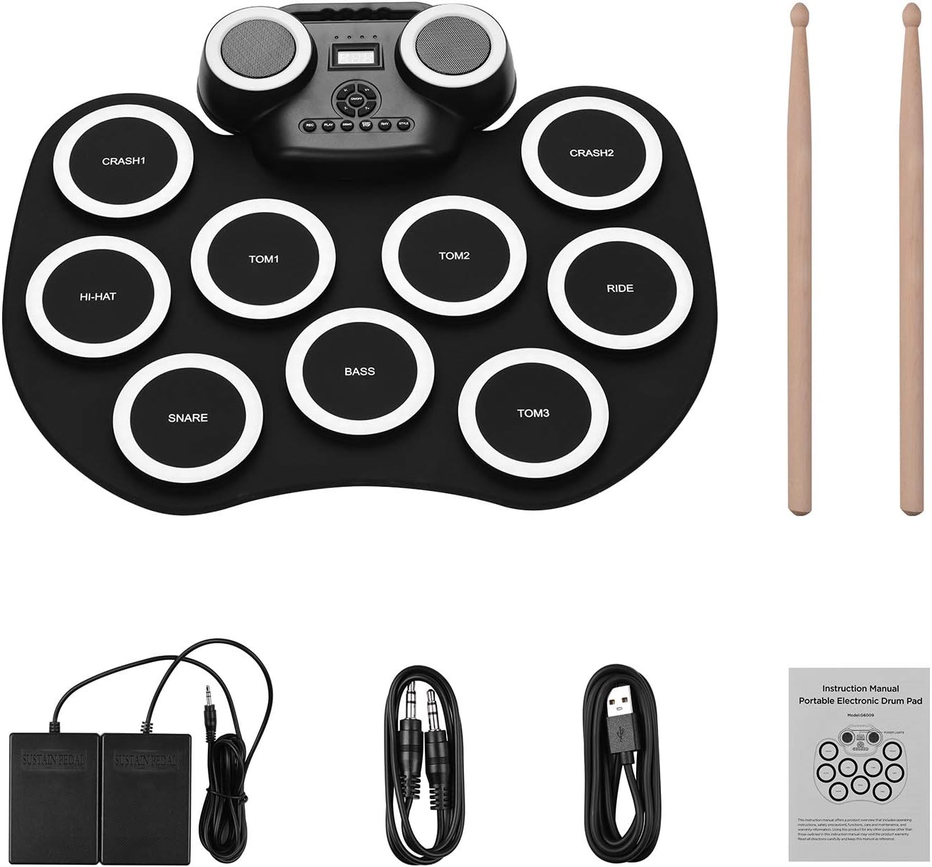 Electronic Drum Set,Roll-up Electronic Drum Pad with Build-in Stereo Speakers,9 Pads Silicone Electronic Drum for Beginner,Foot Pedals Headphone Monitoring Colorful LightType 2