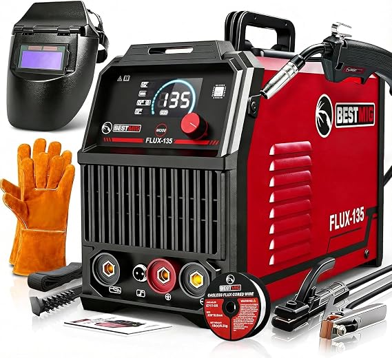 BESTMIG 135A MIG Welder - 3-in-1 Flux Core Welder, MIG/Lift TIG/Stick Welding Machine - Portable IGBT Inverter - 110V with Welding Helmets and Gloves (Red Black, MIG 135A Welder)