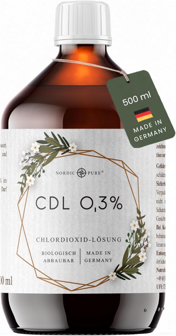 CDL - 500 ml Chlorine Dioxide Solution 0.3% by Nordic Pure Chlorine Dioxide Solution in Brown Glass Bottle for Drinking Water Disinfection CDL/CDs Made in Germany and Certified according to the Biocide Regulation