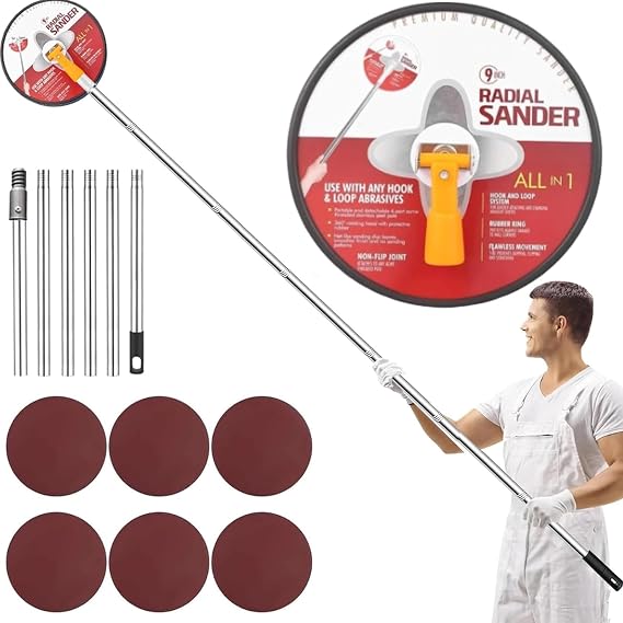 Drywall Sander with Pole, 360° Swivel Wall Sander with 9-Inch Round Radial Sande, Includes 6 Sanding Sheets and Extension Pole for Wall Sanding (Red)