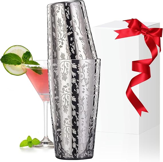 Stainless Steel Boston Shaker Tin with Etched Pattern - 2 Piece Unweighted Cocktail Shaker 18oz & 28oz, Martini Shaker Drink Mixer Professional Bartender Kits (Japanese sakura)