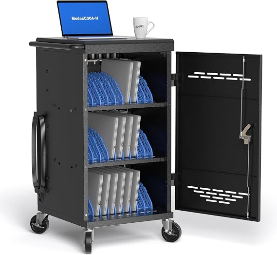 Pochar 30 Devices Laptop Charging Cart for Chromebook, iPad, 14'' Tablets - Charging Storage Cart for Classroom with Cable Management & Grounding Protection, Assembly Required