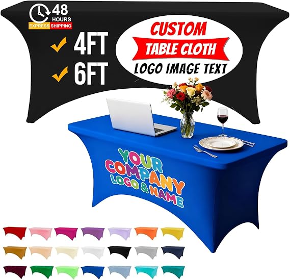 Custom Tablecloth, Personalized Spandex Tablecloth with Bussiness Logo Text Photo Image, Washable Covers Protector Fit for Rectangular Fitted Events Stretch Table