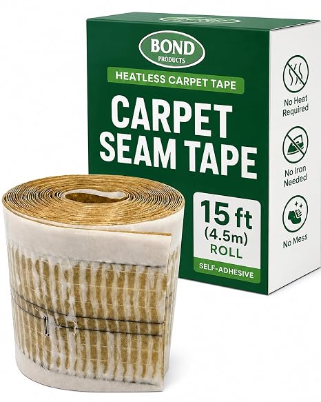 Bond Carpet Seam Tape 15 Ft Roll, Heatless Seam Adhesive for Rug Binding