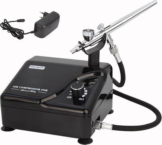 Fengda Professional Airbrush Kit FD-207K with Portable Mini Compressor, 0.2mm Nozzle, Adjustable Pressure, Oil-Free, Low Noise for Tattoo, Model, Cake Decorating & Other General Airbrush Applications