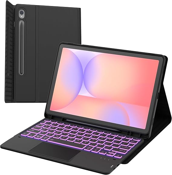 For Samsung Galaxy Tab S10 Lite/ S9 11 inch/ S9 FE 10.9"/ S10 FE 10.9" Case with Keyboard - 7 Color Backlit Detachable Touchpad Tablet Cover - Wireless Keyboard Case with S Pen Holder & Trackpad Black