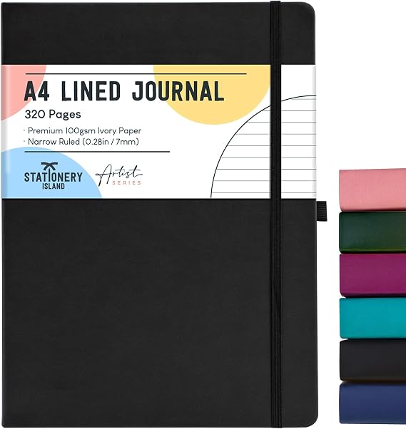 STATIONERY ISLAND A4 Lined Notebook, 320 Pages Thick Journal Notebook, Ruled Journal Hardcover with 100gsm for Writing, Working, Studying, Diary, Black