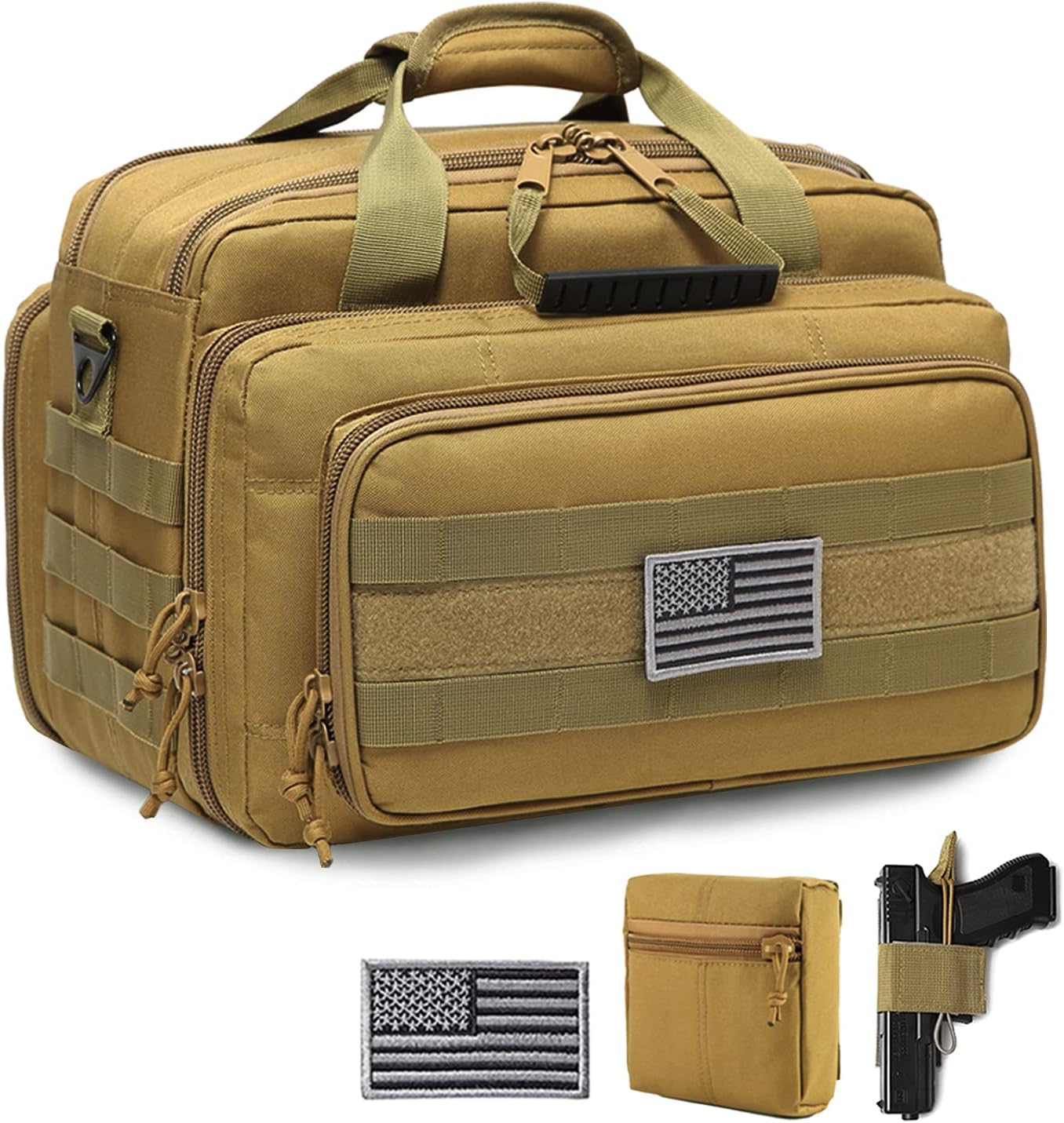 DBTAC Gun Case Bag Deluxe Middle Size | Tactical 2~4 Pistol Bag Firearm Shooting Case with Lockable Zipper for Shooting Range Outdoor Hunting | US Flag Patch  MOLLE Pouch  Universal Holster Included