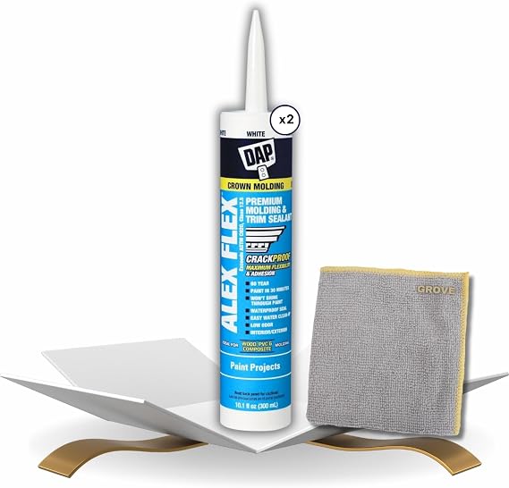 DAP Alex Flex Premium Molding and Trim Sealant 10.1 oz Bundle with Microfiber Cloth - High-Performance Caulk for Trim, Molding, and Baseboards - Indoor/Outdoor Use - White - (3 Items)