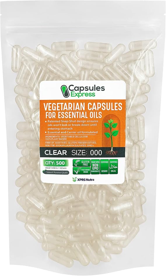 XPRS Nutra Size 000 Empty Vegan Capsules - 500 Count Large Clear Veggie Capsules for Most Essential Oils - Empty Vegetable Pills - DIY Oil Filling