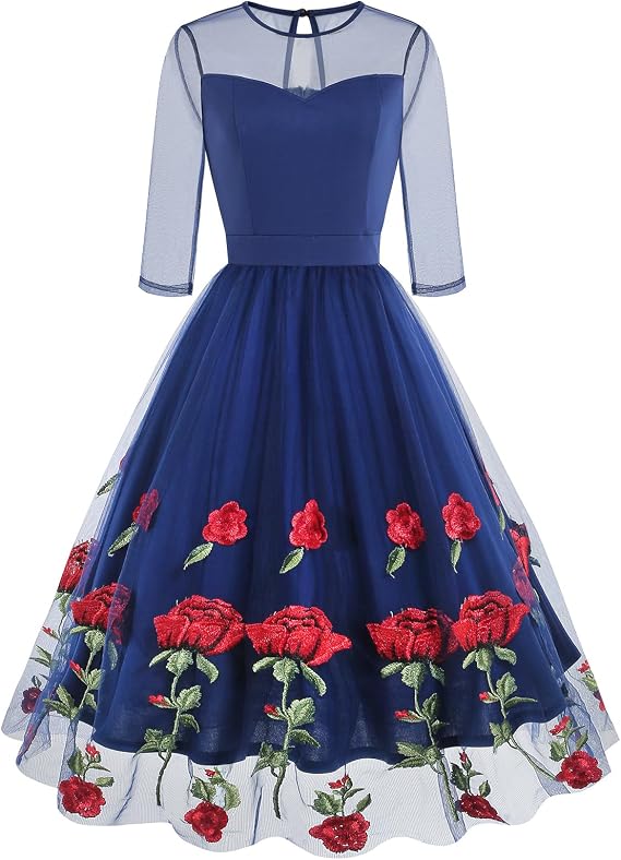 Women Vintage 1950s Embroidered Off Shoulder 3/4 Sleeves Flower Rose Wedding Cocktail Party Swing Gatsby Evening Short Gown
