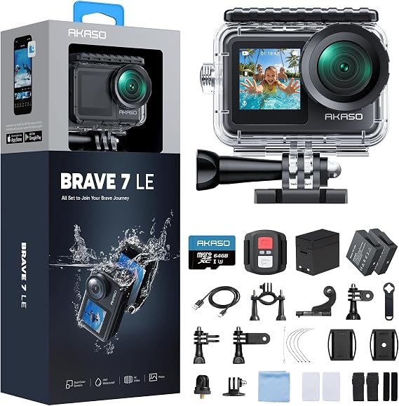 AKASO Brave 7 LE 4K30fps Action Camera with 64GB MicroSDXC U3 Memory Card Accessories Kit Bundle Ultra HD 131FT Waterproof Camera EIS 2.0 WiFi Remote Control Zoom Underwater Camera