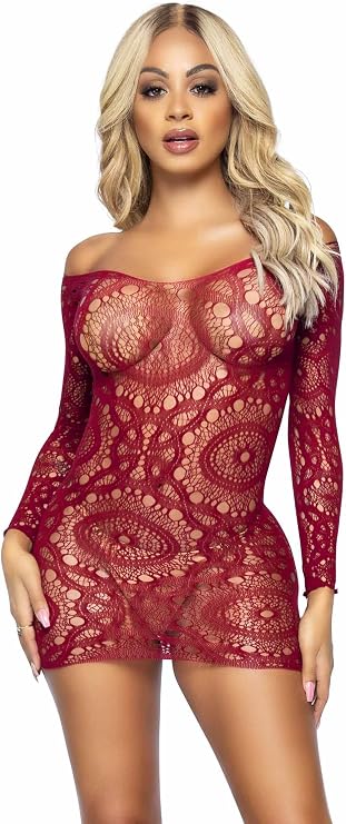 Leg Avenue Women's Crochet Lace Lingerie Long Sleeve Mini Dress Sexy