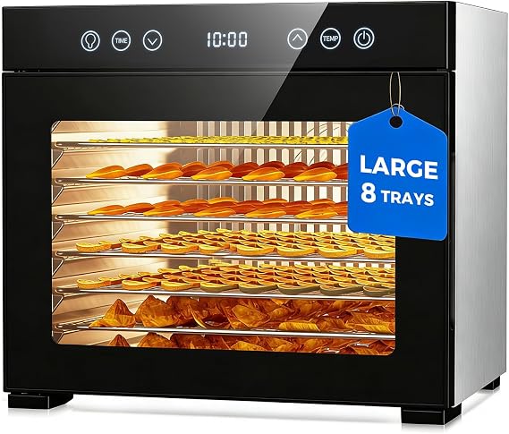Food Dehydrator, 8 Stainless Steel Trays Large Capacity Dehydrator Machine with Interior Light, Trays, 650W Faster Drying, Quiet Adjustable Timer & Temperature Dryer for Fruit Jerky Herbs Dog Treats