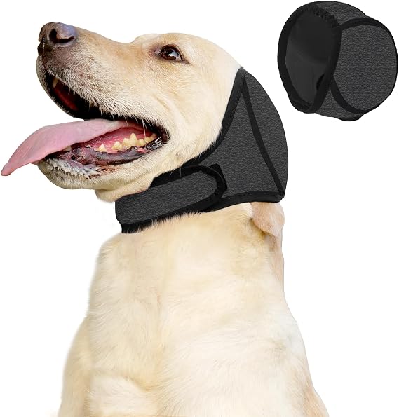 Dog Ear Muffs & No Shake Ear Wrap for Hematoma, Bathing, Drying, Swim& Noise Anxiety Relief- Elastic Waterproof Ear Protector with Calming Hoodie Design for Grooming/Head Ear Cover