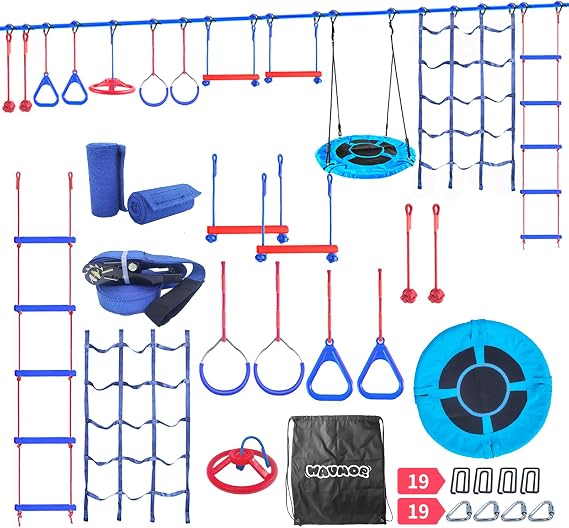 65 FT Ninja Warrior Obstacle Course Swing Set for Kids with 12 Obstacles,Playset with Monkey Bars for Backyard