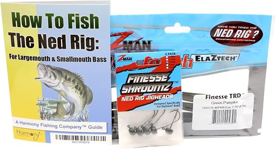 Ned Rig Kit - Z-Man Finesse T.R.D. 8pk + Finesse Shroomz Jig Heads 5pk (Green Pumpkin) + How to Fish The Ned Rig Guide