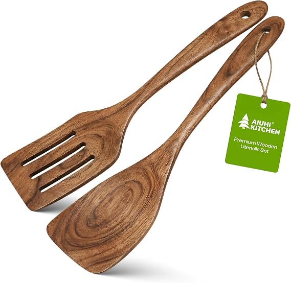 AIUHI 2Pcs Wooden Spatulas, Teak Wood Long Handle Flat Frying Turner, Nonstick Cooking Utensils Spatula for Kitchen