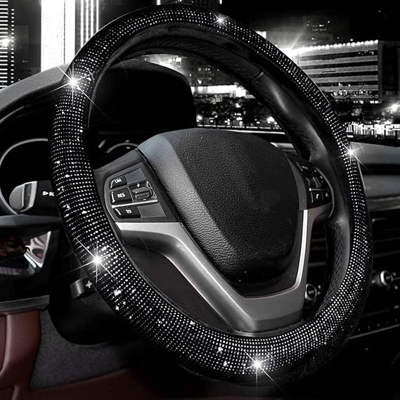 Valleycomfy Steering Wheel Cover for Women Men Bling Bling Crystal Diamond | Sparkling Car SUV Wheel Protector Universal Fit 15 Inch (Black with Black Diamond, Standard Size(14" 1/2-15" 1/4))