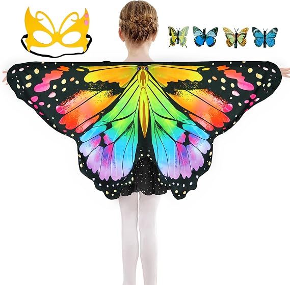 Sunlisky Kids Butterfly Costume for Girls Butterfly Wings Cape Set with Mask Hair Clips Halloween Cosplay Dress Up 4 to 9