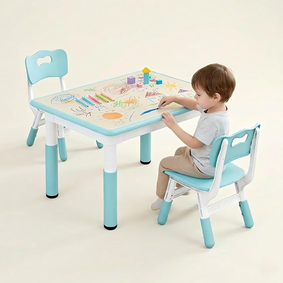 Kids Table and 2 Chairs Set, Height Adjustable Toddler Desk 31.5" L x 23.6" W and Chair Set, Graffiti Desktop, Classroom/Daycare/Home, Children Multi-Activity Table for Ages 3-8 (Blue)