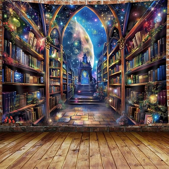 Magic Library Fantasy Space Tapestry, Cool Vintage Bookshelf Galaxy Witchy Tapestry Wall Hanging for Men Bedroom, Hippie Dark Magical Tapestries Poster Blanket College Dorm Home Decor 80X60Inches