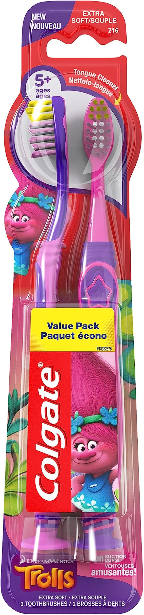 Colgate Kids Toothbrush, Trolls, Extra Soft Toothbrush with Suction Cup, 4 Pack