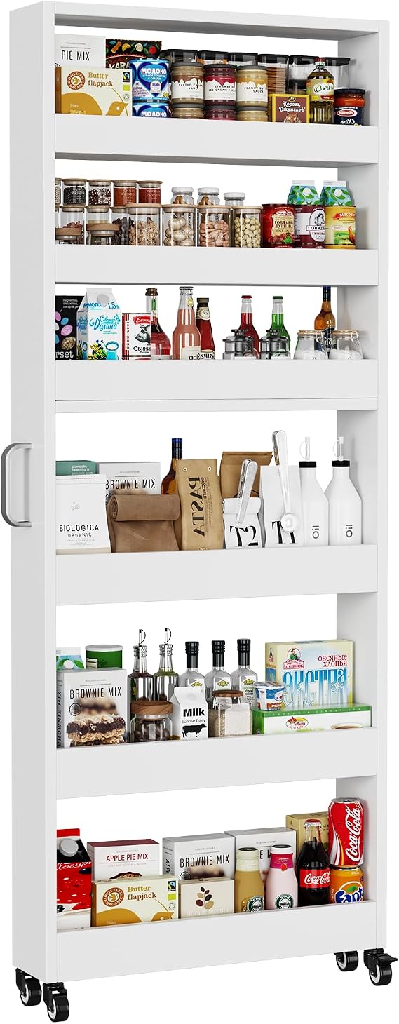 Slim Storage Cart, Lightweight 6 Tier Metal Rolling Utility Kitchen Cart on Wheels, Mobile Storage Shelving Unit Organizer for Bathroom Laundry Office Narrow Places (White, 6" D)
