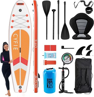 CYFIE 106Inflatable Stand Up Paddle Board, Paddle Boards with Premium SUP Paddle Board Accessories, Removable Kayak Seat and Camera Mount for Yoga, Kayaking, Surf, Fishing
