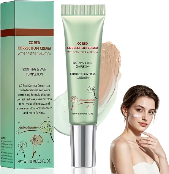 15ml CC Red Correct with Centella Asiatica, Anti-Redness Face & Lightweight CC Cream, Colour Correcting Foundation with SPF 25, Refines Skin Texture, Full Coverage Brightener & Green Concealer