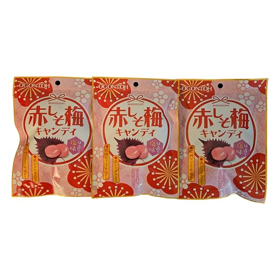 UMAYA - Ogontoh Akashiso Ume Candy (1.6oz Per Pack) - Refreshing Japanese Red Perilla (Shiso) & Red Plum Candies - No Artificial Colorings or Additives - Individually Wrapped - Made in Japan - 3 Packs