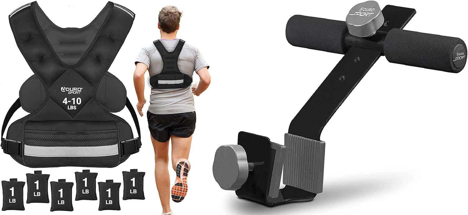 Aduro Sport Adjustable Weighted Vest Workout Equipment, 4-10lbs Body Weight Vest Bundle with Doorway Sit-Up Exercise Bar, Adjustable Reinforced Steel with Padded Ankle Bar, Fits Any Door