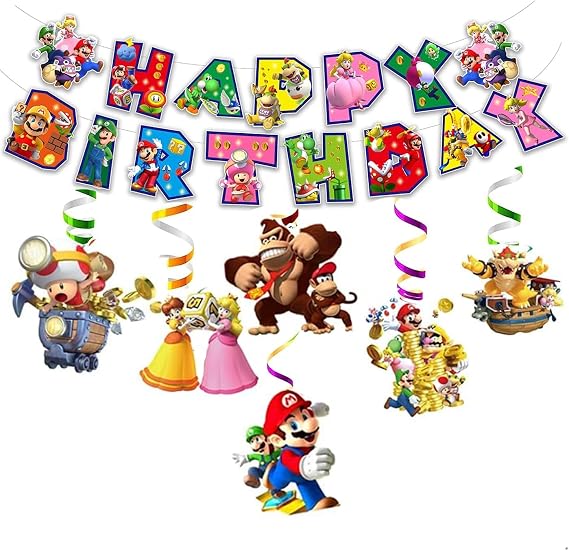 13 Packs Mario party supplies,12pcs Mario Hanging Swirls and 1 Happy Birthday Banner for Mario party decoration