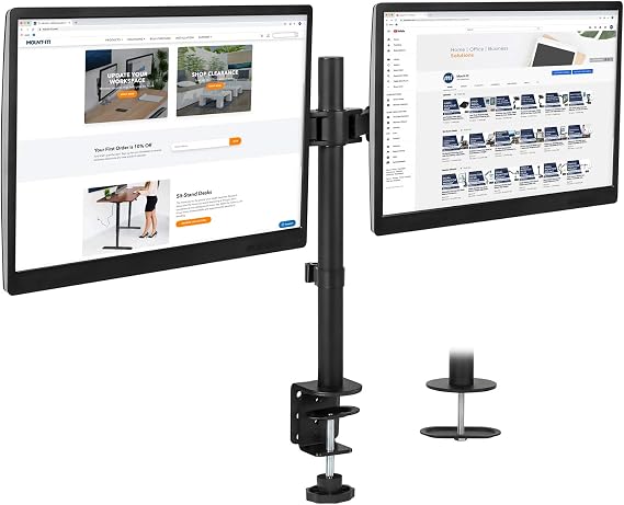 Mount-It! Dual Monitor Mount | Double Monitor Desk Stand | Interchangeable C-Clamp and Grommet Base | Two Heavy Duty Height Adjustable Arms Fit 2 Computer Screens 19 21.5 24 27 32 Inches | VESA 75 100