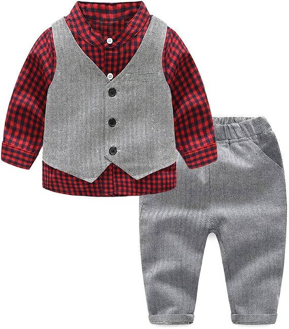 Gentleman Casual Suit Toddler Boys Long Sleeve Woven Shirt and Vest Pants 3Pcs Clothing Set