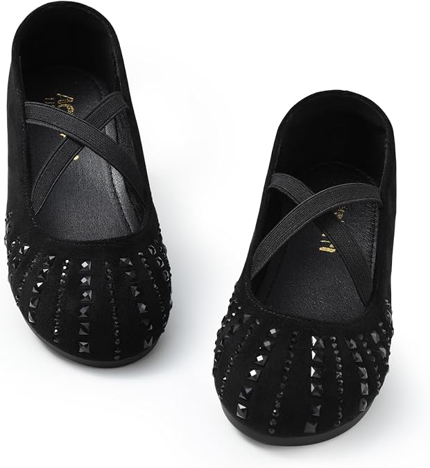 Toddler Girls Dress Shoes Sparkle Rhinestone Flower Girls Mary Jane Slip-On Ballet Flats for School, Wedding, Party